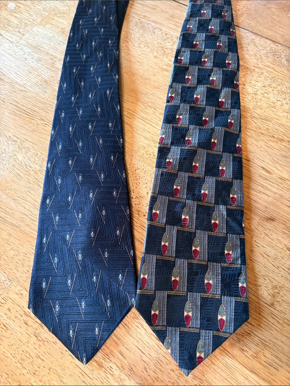 bill blass Navy Silk Patterned Tie with Red Accents and black silk tie with geo